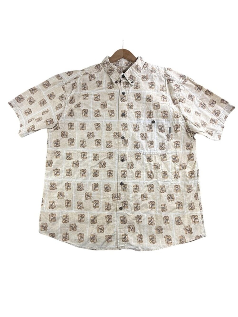 Woolrich Shirt Mens 2XL Beige Deer AOP Button Up Short Sleeve Hunting Outdoor